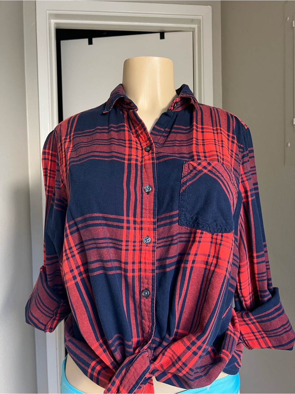 Old Navy Red and Navy Plaid Button-Down Shirt